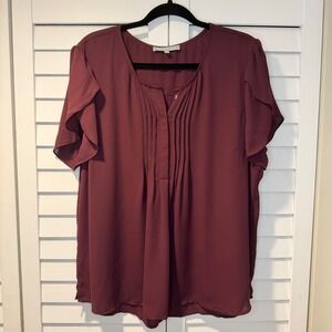 Daniel Rainn Burgundy Pintuck Split Neck Flutter Sleeve Blouse XXL D19257PR1